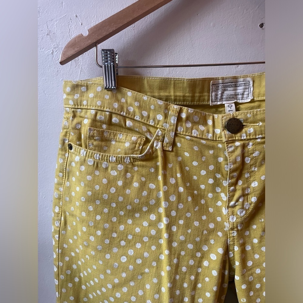 Current/Elliot The Stiletto Pant Lemongrass Mustard Polka Dot Shinny Jean